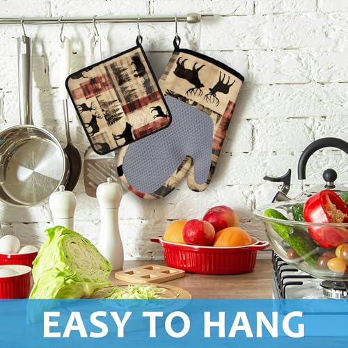 Deer and Bear Oven Mitts and Pot Holders Sets Heat Resistant 4Pcs Wild Animal Potholders Oven Gloves Hot Pads for Kitchen Baking Cooking Grilling BBQ (4 Count)