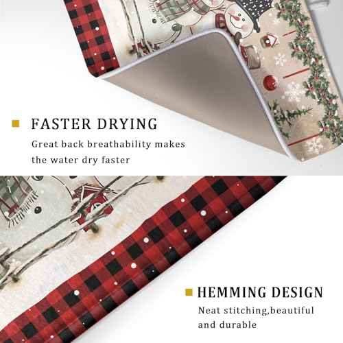 Winter Snowman Dish Drying Mat 18x24 Inch Red Buffalo Plaid Holiday Dish Drainer Mat Absorbent Dish Rack Pad for Kitchen Counter Sink Decor