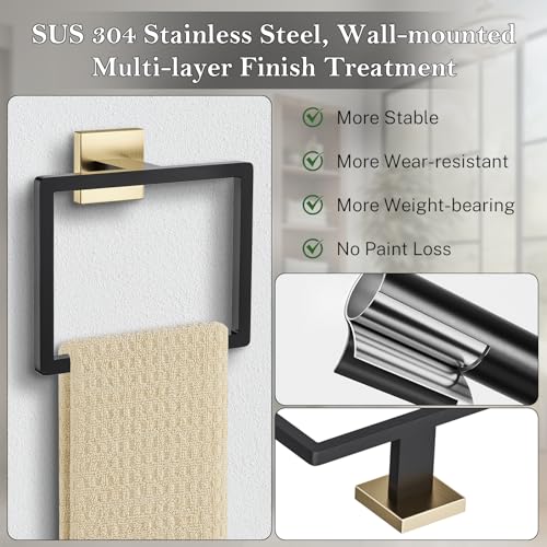 Black and Gold Towel Ring Square Hand Towel Holder Towel Hanger Bathroom Hardware Accessories Stainless Steel Wall