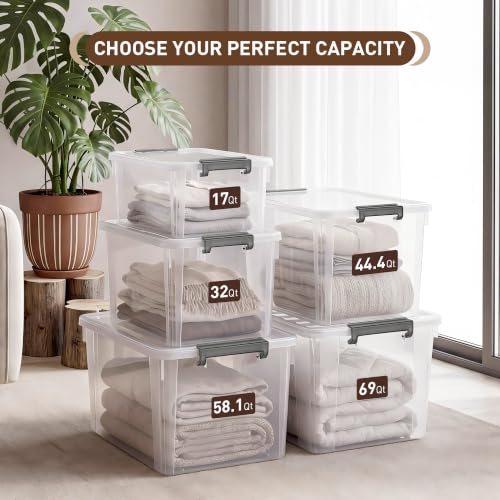 69 QT Plastic Storage Bins with Latching Lids Stackable Storage Containers for Organizing Large Clear Storage Box for Garage (4 Count)