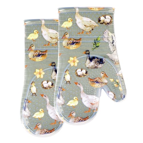 Oven Mitts with Transparent Clear Silicone Shell and Nice Duck Printing (2 Count)