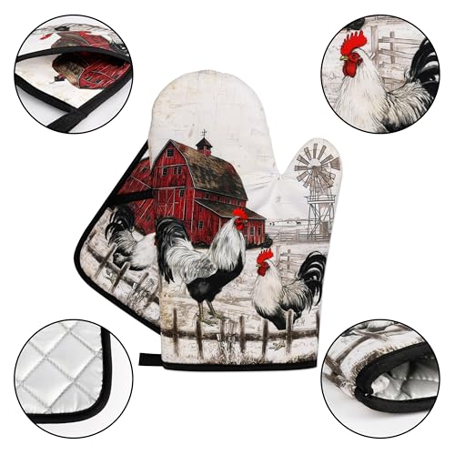 Rooster Print Oven Mitts and Pot Holders Sets of 4 Rustic Chicken Kitchen Mitts Potholders Heat Resistant Farmhouse Cute Oven Gloves Hot Pads for Chicken Kitchen Decor