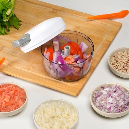 Manual Food Processor Vegetable Chopper 2.3 Cup Small Mini Hand Pull String Onion Chopper Garlic Mincer Cutter with 3 Stainless Steel Blades
