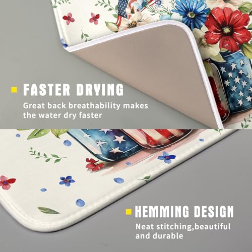 American Patriotic Floral Dish Drying Mat Flower Vase Drainer Rack Mats 16"x18" Absorbent Microfiber Dish Dry Pad for Kitchen Counter Sink