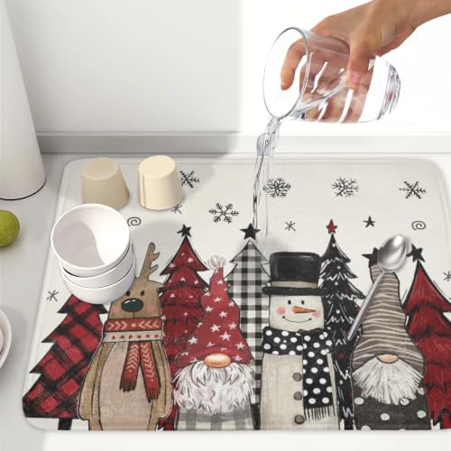 Winter Snowman Gnome Dish Drying Mat Xmas Tree Dishes Pad 18"x24" Microfiber Fast Dry Dish Drainer Rack Mats Kitchen Countertop Accessories