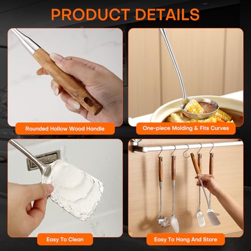 10 Pcs Cooking Utensils Set 304 Stainlss Steel Kitchen Utensils Set Heat Resistant Wooden Handle Kitchen Tools Metal Kitchen Utensil Soup Ladle Set (10 Count)