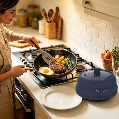 Tall Microwave Splatter Cover Glass Cover Guard Lid 5.8 inch Height with Collapsible Silicone for Food Pot Plate 10.8 inch Dark Blue