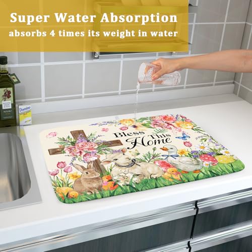 Easter Farmhouse Dish Drying Mat Funny Animal Microfiber Dish Pad for Kitchen Counter Large 18 X24 In