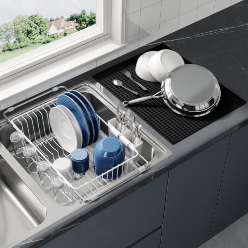 White Dish Drying Rack in Sink with Mat
