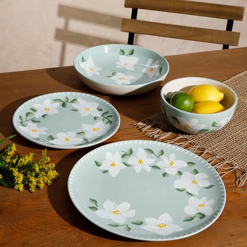 Magnolia Bloom 16 Piece Double Bowl Hand Painted Stoneware Plates and Bowls Floral Dinnerware Set