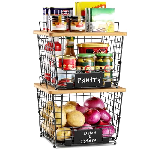 2 Set Large Stackable Wire Basket with Bamboo Tops & Tag (2 Count)