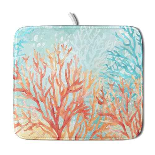 Coastal Coral Dish Drying Mat Beach Ocean Drainer Rack Mat 16x18 Inch Microfiber Absorbent Reversible Dish Dry Pad for Kitchen Counter Sink