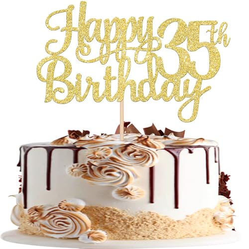 1 PCS Happy 35th Birthday Cake Topper Gold Glitter Cheers to 35 Years Birthday Cake Pick 35 Fabulous Cake Decoration for Happy 35th Birthday Theme Party Decorations Supplies