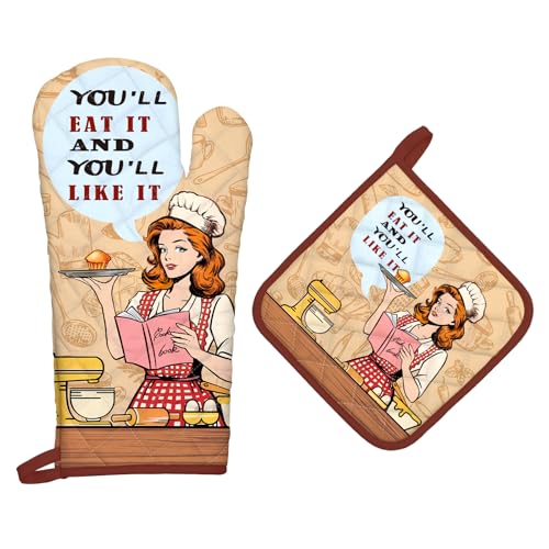 Retro Housewife Oven Mitts and Pot Holders Set (2 Count)