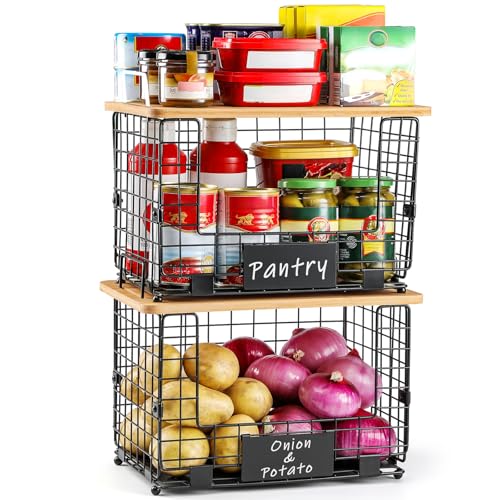 2 Set XL Stackable Wire Basket with Bamboo Tops & Tags (2 Count)