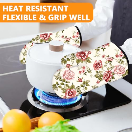 Red Rose Oven Mitts and Pot Holders Sets 4Pcs