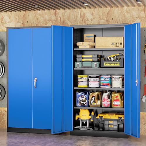 Metal Storage Cabinets 72” Black Blue Garage Steel Storage Cabinet with Doors and Shelves