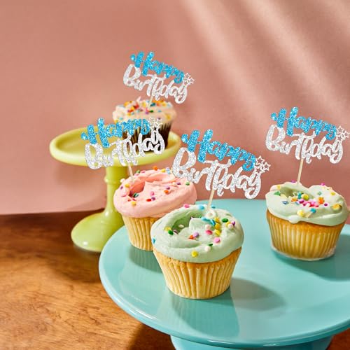 24Pcs Happy Birthday Cupcake Toppers Double Layer Glitter Happy Birthday Cake Decorations for Winter Wonderland Baby Shower Theme Anniversary Party Decorations Supplies Blue Silver (24 Count)