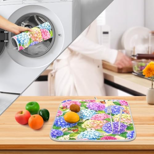 Hydrangea Flowers with Butterfly Dish Drying Mat for Kitchen Counter Absorbent Microfiber Small Drying Pad Dish mats for Kitchen Countertops 16 x 18 Inch