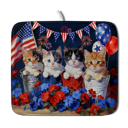 4th of July Dish Drying Mat Patriotic Cats Dish Drying Rack Mat for Kitchen Counter Small