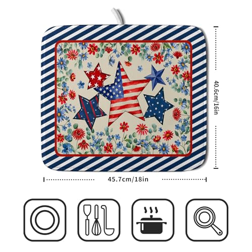 Patriotic Stars Dish Drying Mat for Kitchen Counter 4th of July Holiday Absorbent Reversible Microfiber Dish Pad Small
