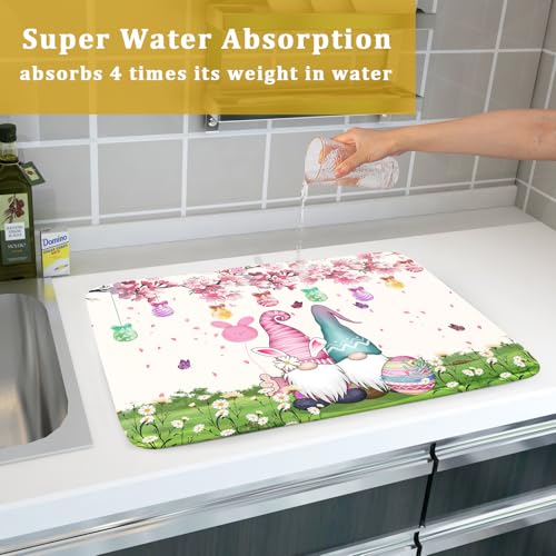 Easter Gnome Dish Drying Mat Floral Eggs Bunny Kitchen Drainer Mat 18x24 inch Absorbent Holiday Fast Dry Pad Protector for Counter Tabletop