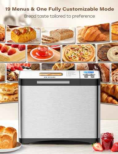 19-in-1 Programmable Bread Maker, 2.2LB Bread Machine with Healthy Ceramic Pan, Stainless Steel Bread Maker Machine with 15H Timer& 1H Keep Warm, Sourdough, Gluten Free, 3 Crust Colors, 53 Recipes