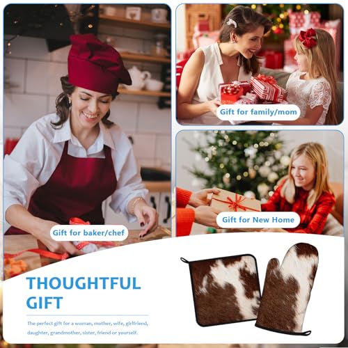 Brown Cow Print Oven Mitts and Pot Holders Sets Heat Resistant 4Pcs Potholders Oven Gloves Hot Pads for Kitchen Baking Cooking Grilling BBQ (4 Count)
