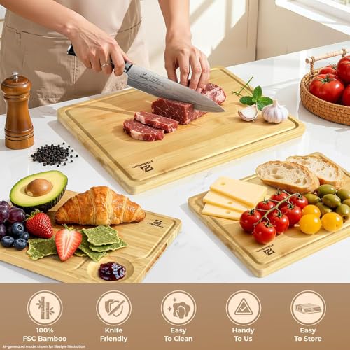 Bamboo Cutting Boards Set of 4 for Kitchen with Wood Storage Stand (3 Count)