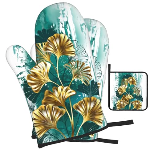 Teal Gold Green Leaves Oven Mitts and Pot Holders Set of 3 (3 Count)