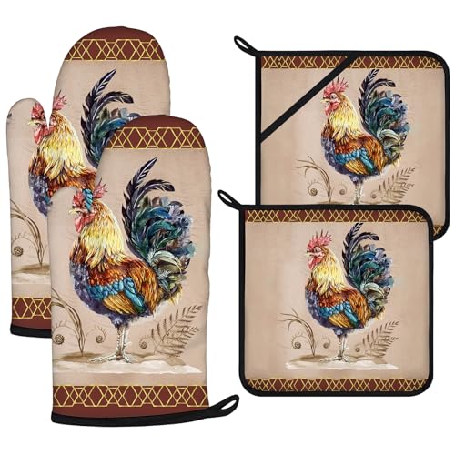Vintage Rooster Oven Mitts and Pot Holders Sets 4Pcs
