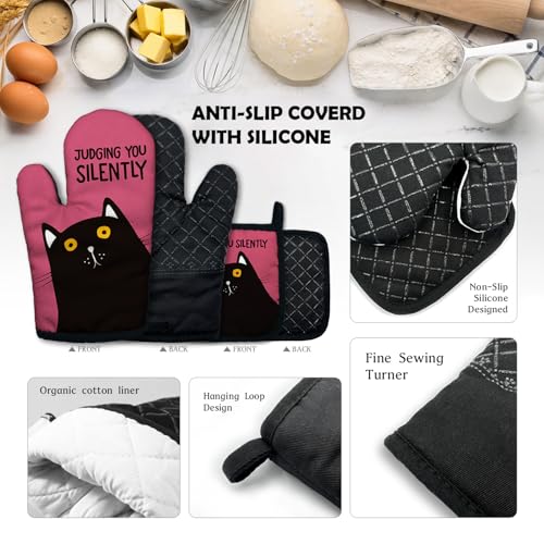 Judging You Silently Funny Heat Resistant Oven Mitts and Pot Holders Set with Silicone Non