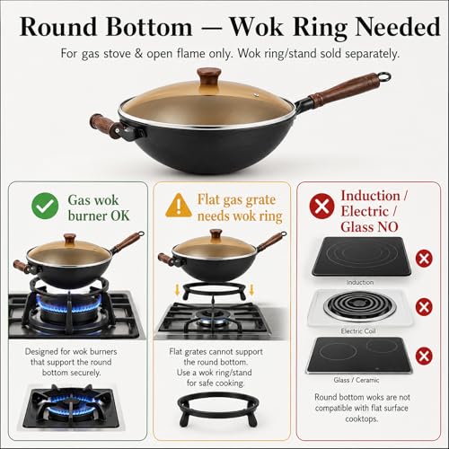 12.6 Inch Round Bottom Cast Iron Wok with Glass Lid