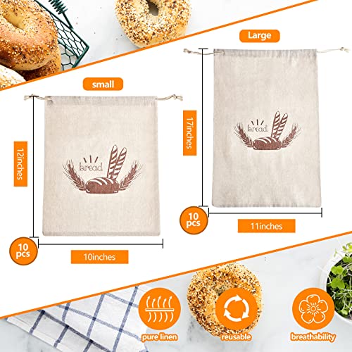 20 Pcs Linen Bread Bag for Homemade Bread Reusable 2 Sizes 10" x 12" and 11" x 17" Unbleached Container Drawstring Natural Bags Storage for Food Baking Kitchen Sandwich Bakery Picnic Wedding (20 Count)
