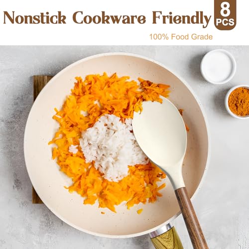 Non Stick Silicone Kitchen Utensils Set with Natural Acacia Hard Wood Handle (8 Count)