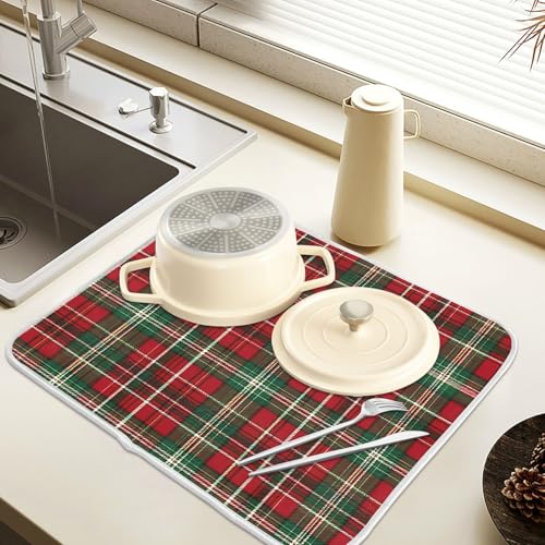 Christmas Red Green Buffalo Checkered Dish Drying Mat for Kitchen Counter Absorbent Microfiber Small Drying Pad Dish Mats for Kitchen Countertops 16 x 18 Inch