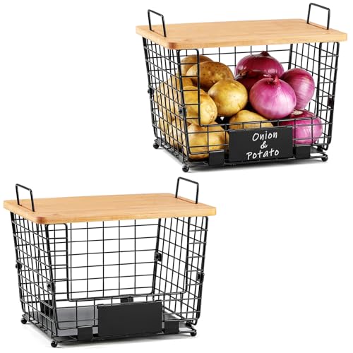2 Set Large Stackable Wire Basket with Bamboo Tops & Tag (2 Count)