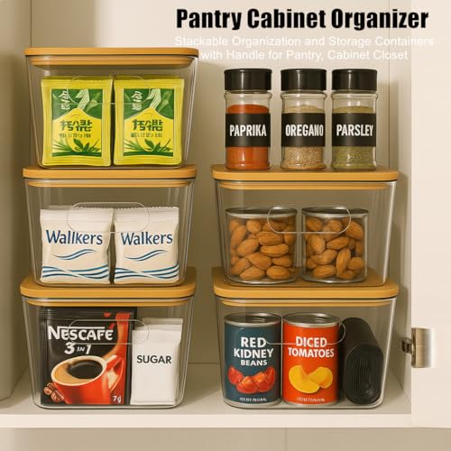 6 Pack Clear Stackable Storage Bins with Bamboo Lids (6 Count)
