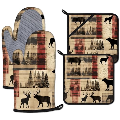 Deer and Bear Oven Mitts and Pot Holders Sets Heat Resistant 4Pcs Wild Animal Potholders Oven Gloves Hot Pads for Kitchen Baking Cooking Grilling BBQ (4 Count)