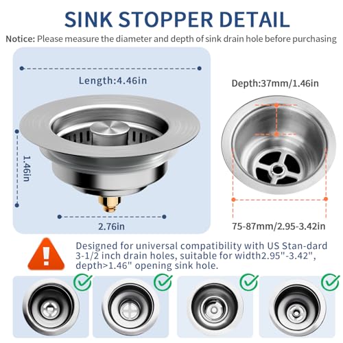 3-in-1 Kitchen Sink Drain Strainer & Sink Stopper 2 Pack - 304 Stainless Steel Sink Drain Strainer, Pop-Up Anti-Clog Design, Fits Standard 3-1/2'' Sink Drains (2 Count)