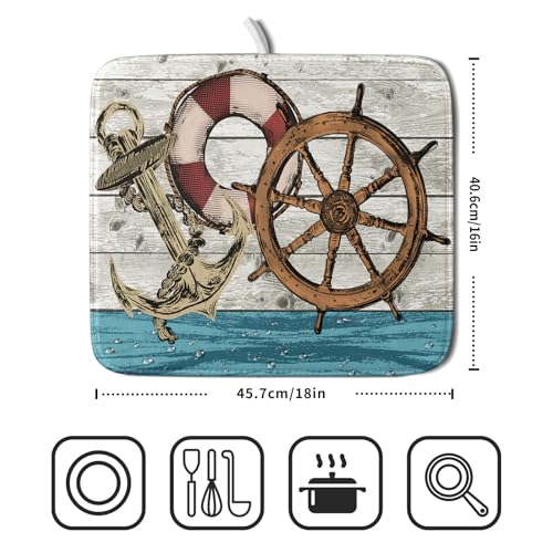 Nautical Anchor Dish Drying Mat 16x18 inch Coastal Boat Fast Dry Microfiber Reversible Dish Drainer Pad Kitchen Countertop Tabletop Decor