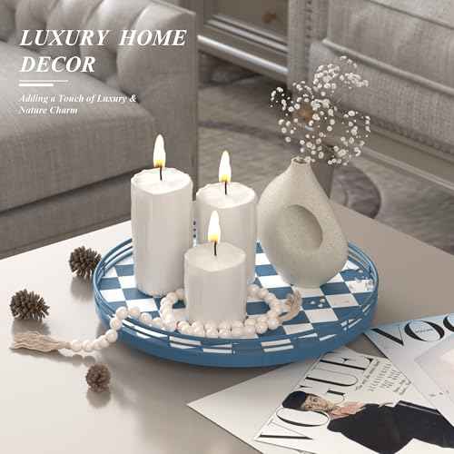Blue and White Checkerboard Lazy Susan with Rubberwood Base and Metal Rail