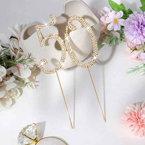 Gold 50th Birthday Cake Topper Rhinestones Cake Decorations for 50th Birthday Party