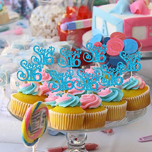 24 Pack 16th Birthday Cupcake Toppers Glitter Sixteen Happy Sweet 16 Cupcake Picks Cheers to 16 Years Old Cupcake Decorations for 16th Birthday Anniversary Party Supplies Light Blue (24 Count)