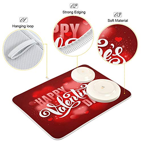 Happy Valentine's Day Bling Light Red Hearts Dish Drying Mat for Kitchen Counter Absorbent Microfiber Large Drying Pad Dish mats for Kitchen Countertops 18 x 24 Inch