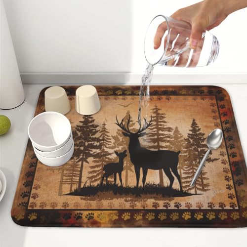 Forest Deer Dish Drying Mat Wildlife Animal Dishes Pad 16"x18" Microfiber Absorbent Fast Dry Drainer Rack Mats for Kitchen Countertop Decor