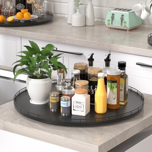 24 Inch Extra Large Oak Lazy Susan with Black Metal Rail