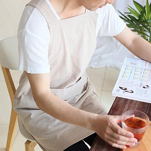 Japanese Linen Cross Back Kitchen Cooking Aprons for Men with Pockets for Baking Painting Gardening Cleaning Khaki