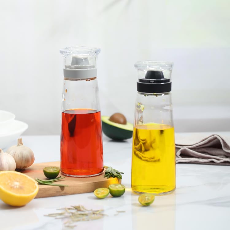 2 Pcs Glass Olive Oil and Vinegar Dispenser Bottles Set for Kitchen Cooking with Silicone Dual Pouring Spout