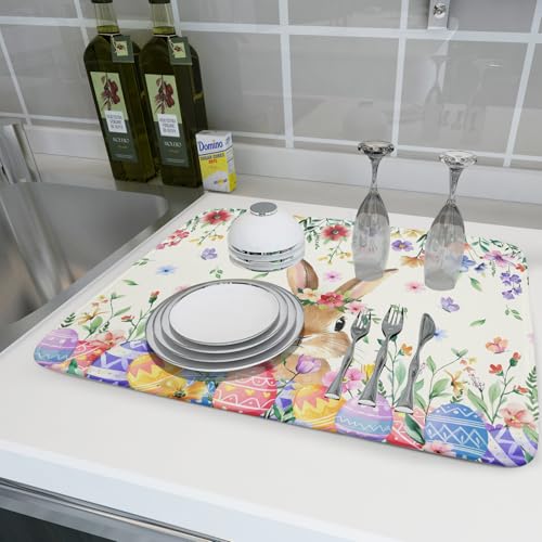 Easter Rabbit Dish Drying Mat Spring Flower Dish Drainer Rack Mats 18x24 inch Absorbent Microfiber Fast Dry Pad Kitchen Counter Accessories
